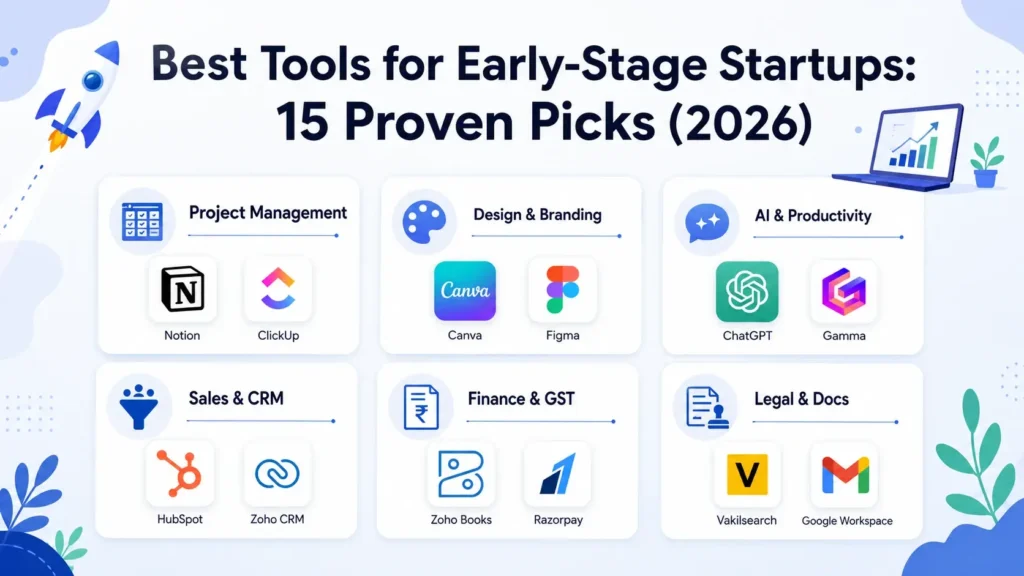 Best tools for early-stage startups featuring project management, AI, design, CRM, finance, and legal software for growing businesses